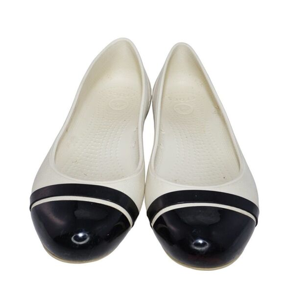 CROCS Shoes - Crocs White and Black Almond Cap Toe Ballet Flats, Size 8